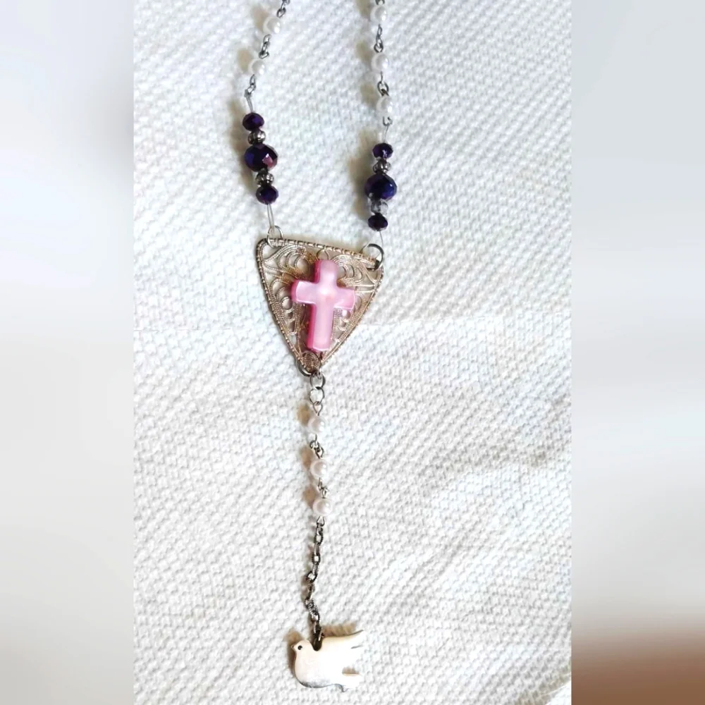 Pink and White Rosary Bookmark with Silver Tone Dove Charm Handmade
